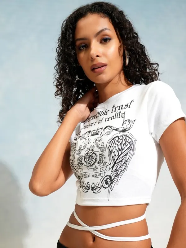 Tokyo Talkies Women White Printed Fitted Top