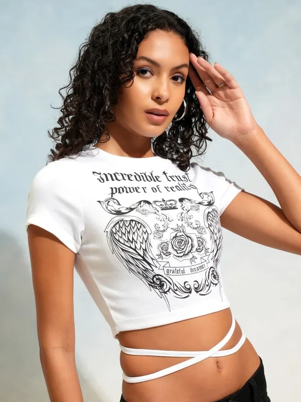 Tokyo Talkies Women White Printed Fitted Top