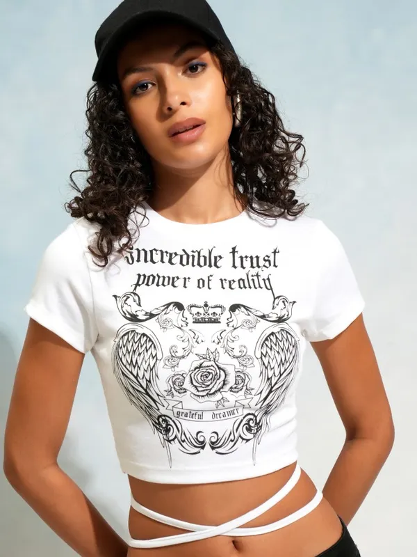 Tokyo Talkies Women White Printed Fitted Top