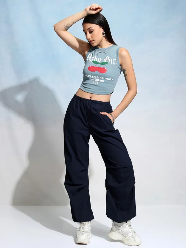 Tokyo Talkies Women Blue Printed Fitted Top