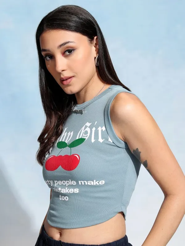 Tokyo Talkies Women Blue Printed Fitted Top