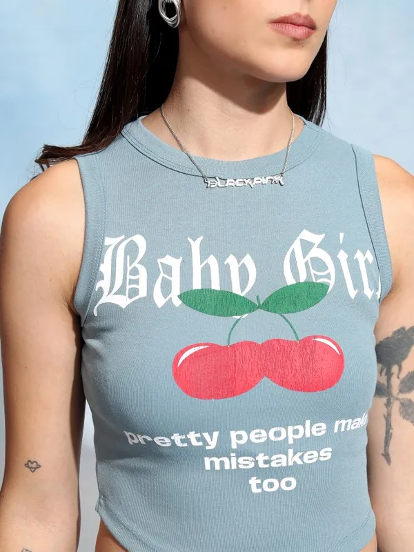 Tokyo Talkies Women Blue Printed Fitted Top