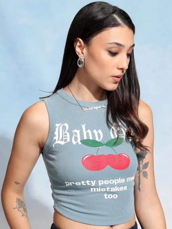 Tokyo Talkies Women Blue Printed Fitted Top