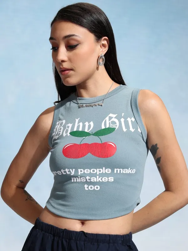 Tokyo Talkies Women Blue Printed Fitted Top