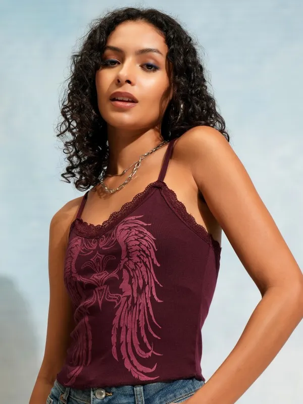 Tokyo Talkies Women Burgundy Printed Fitted Top
