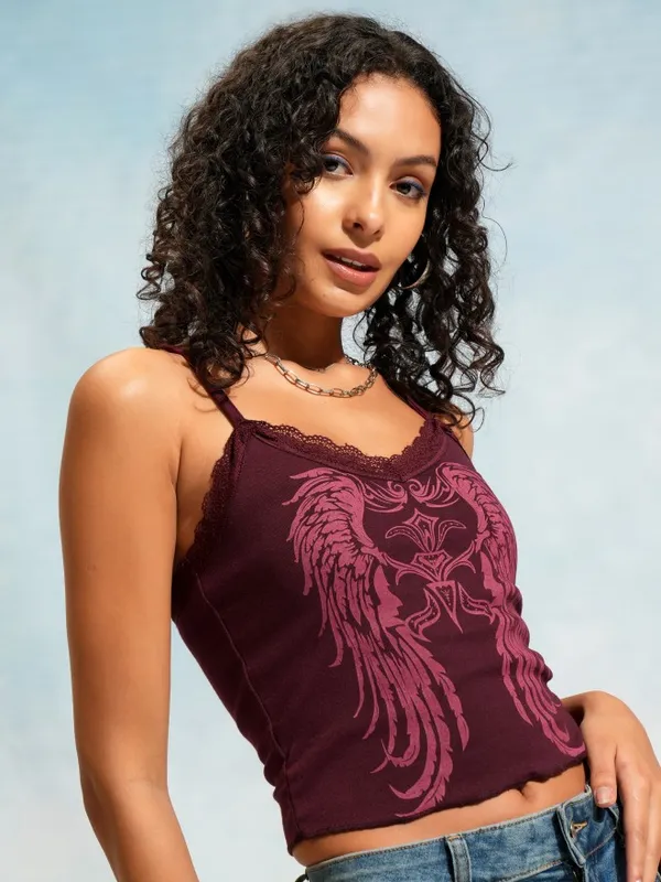 Tokyo Talkies Women Burgundy Printed Fitted Top