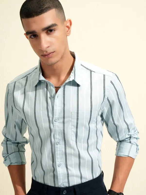 Highlander Men Blue Striped Slim Fit Casual Shirt
