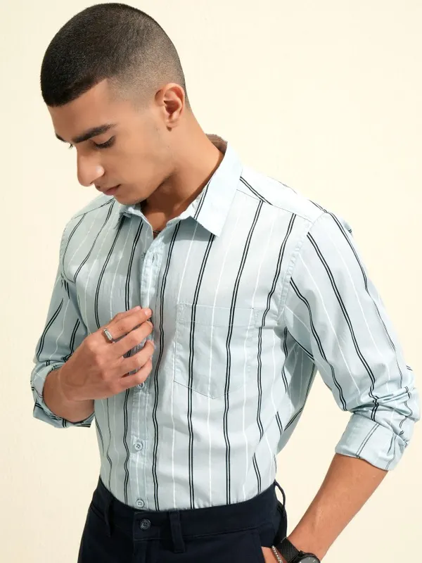 Highlander Men Blue Striped Slim Fit Casual Shirt
