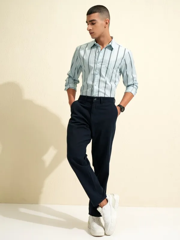Highlander Men Blue Striped Slim Fit Casual Shirt