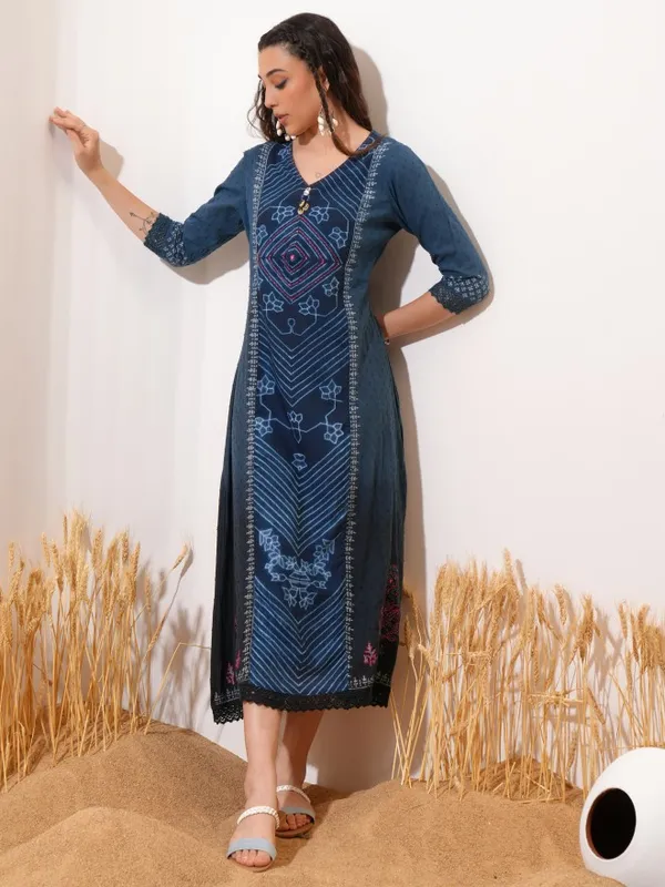 Vishudh women Blue Printed A-Line Dress