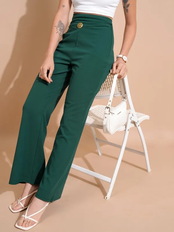 Tokyo Talkies Women Green Solid Regular Fit Bootcut Trousers