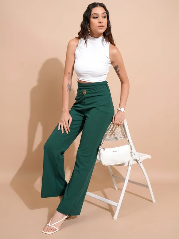 Tokyo Talkies Women Green Solid Regular Fit Bootcut Trousers