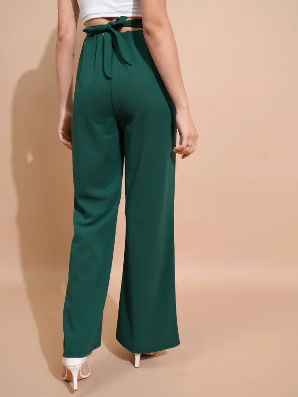 Tokyo Talkies Women Green Solid Regular Fit Bootcut Trousers
