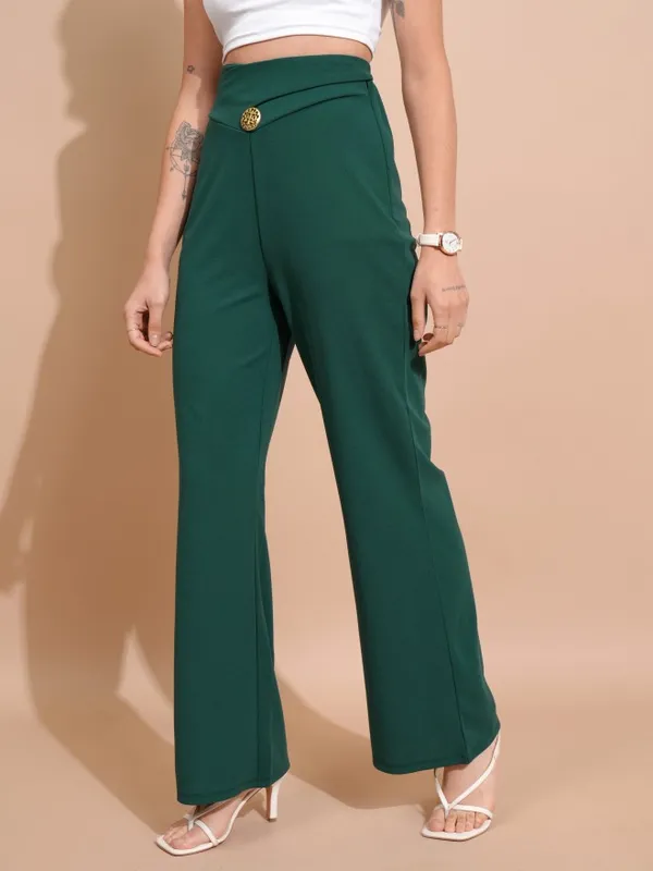 Tokyo Talkies Women Green Solid Regular Fit Bootcut Trousers