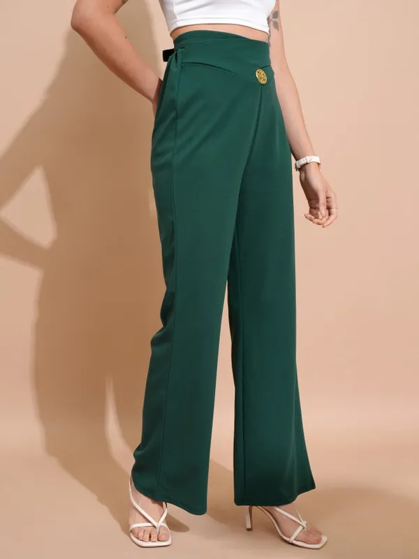 Tokyo Talkies Women Green Solid Regular Fit Bootcut Trousers