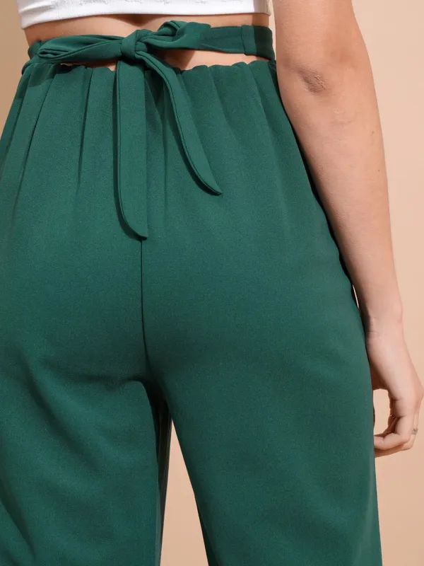 Tokyo Talkies Women Green Solid Regular Fit Bootcut Trousers