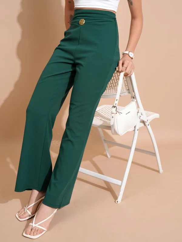 Tokyo Talkies Women Green Solid Regular Fit Bootcut Trousers