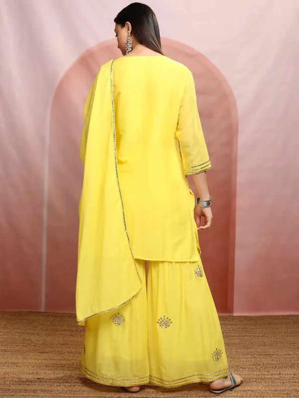 Vishudh Women Yellow Embroidered Kurta With Sharara And Dupatta