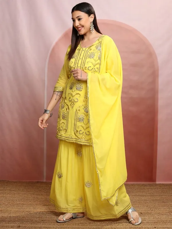 Vishudh Women Yellow Embroidered Kurta With Sharara And Dupatta