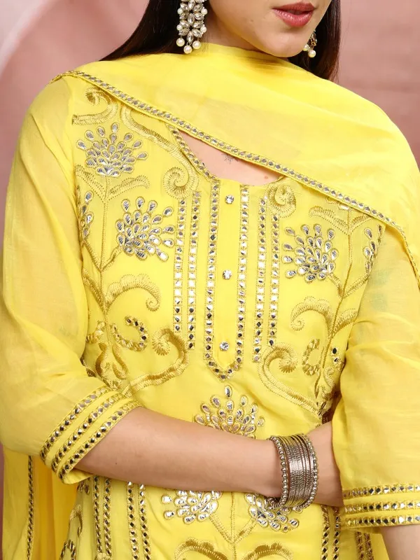 Vishudh Women Yellow Embroidered Kurta With Sharara And Dupatta