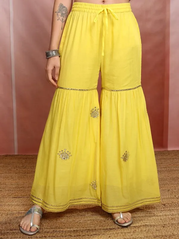 Vishudh Women Yellow Embroidered Kurta With Sharara And Dupatta