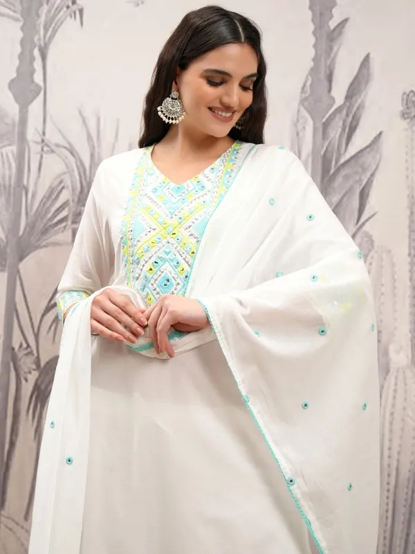 Vishudh Women White Embroidered Kurta With Trousers And Dupatta