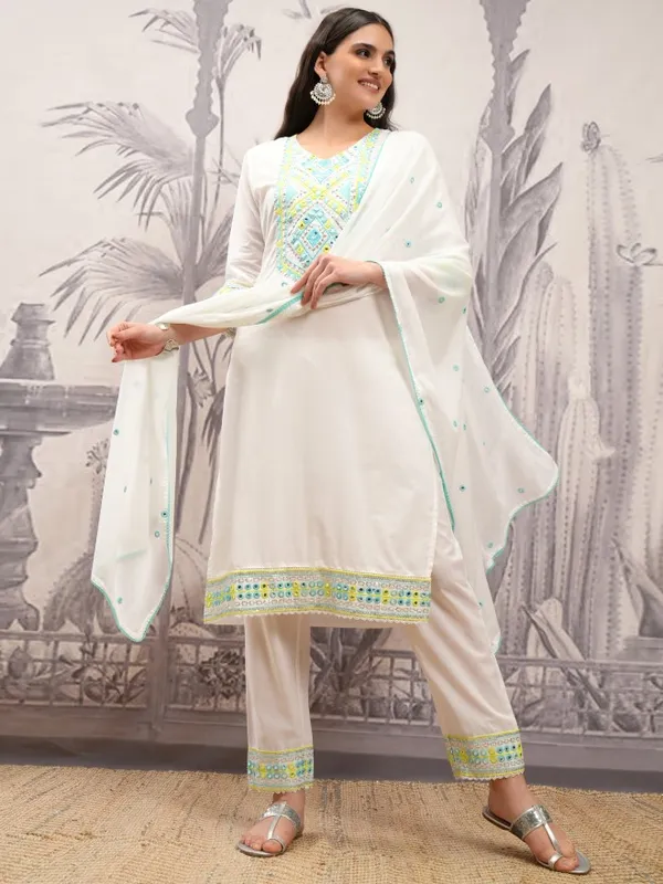 Vishudh Women White Embroidered Kurta With Trousers And Dupatta
