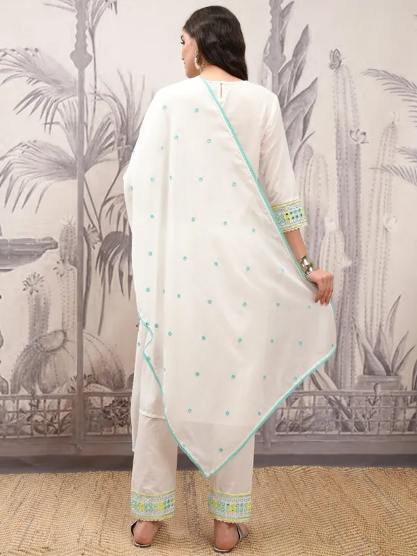 Vishudh Women White Embroidered Kurta With Trousers And Dupatta