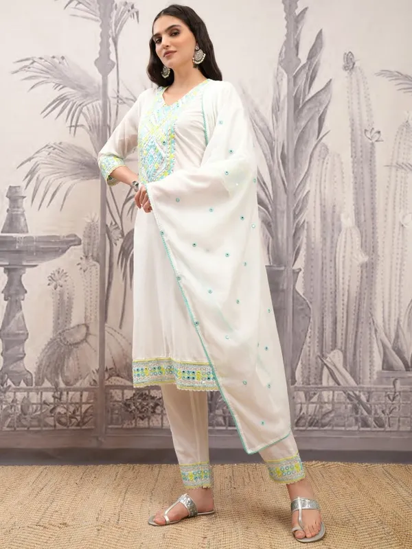 Vishudh Women White Embroidered Kurta With Trousers And Dupatta