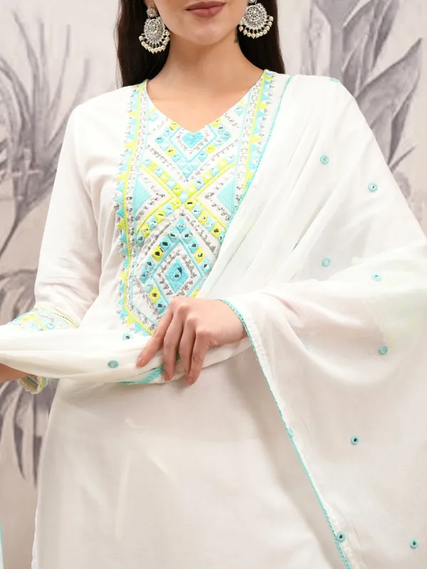 Vishudh Women White Embroidered Kurta With Trousers And Dupatta