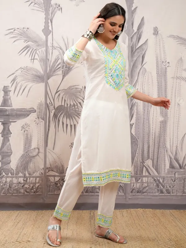 Vishudh Women White Embroidered Kurta With Trousers And Dupatta