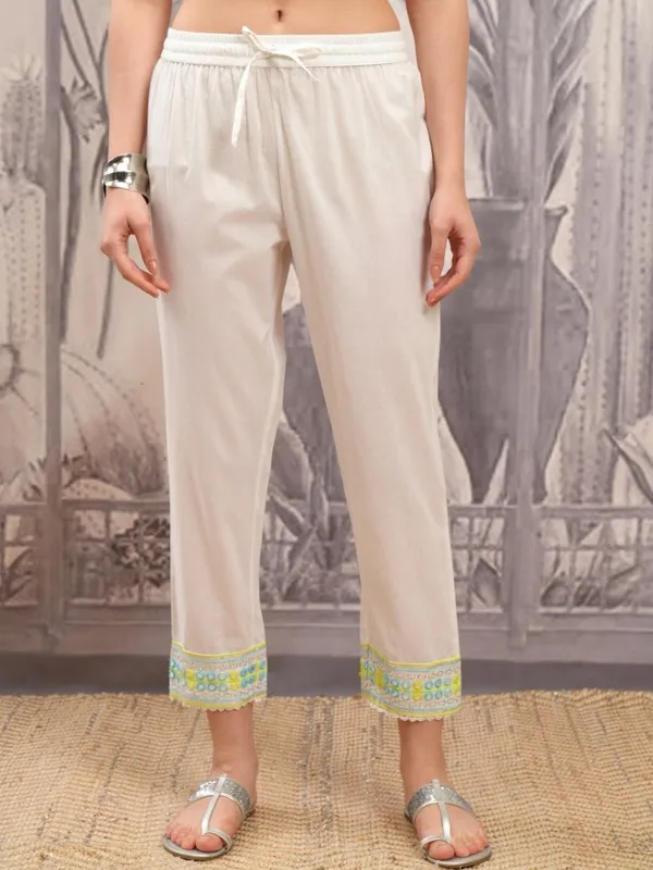 Vishudh Women White Embroidered Kurta With Trousers And Dupatta