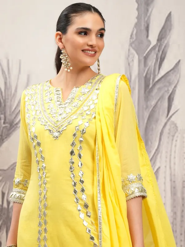 Vishudh Women Yellow Embroidered Kurta With Trouser And Dupatta