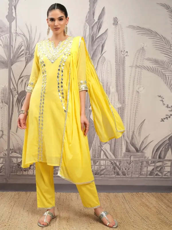 Vishudh Women Yellow Embroidered Kurta With Trouser And Dupatta