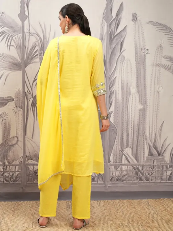 Vishudh Women Yellow Embroidered Kurta With Trouser And Dupatta