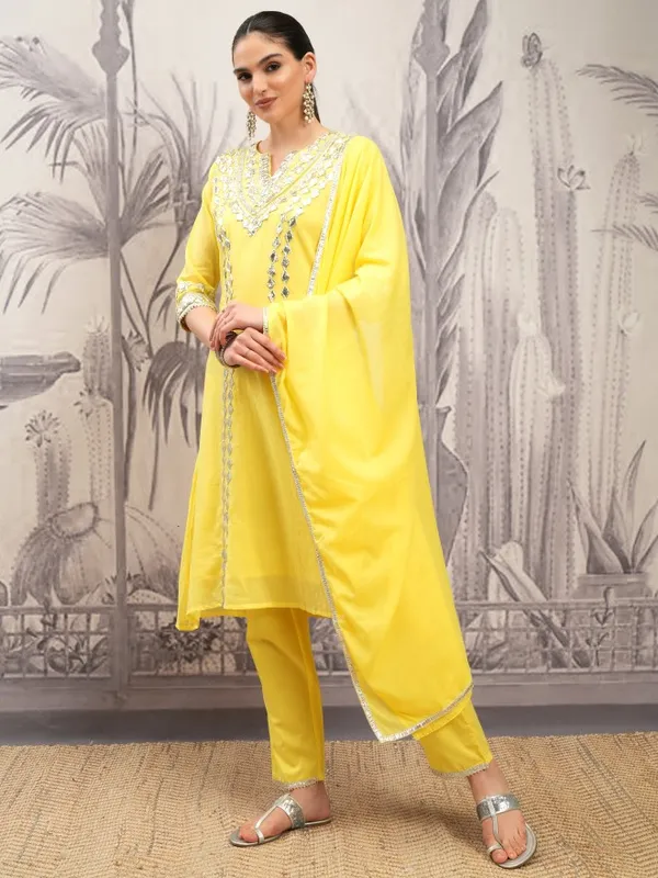 Vishudh Women Yellow Embroidered Kurta With Trouser And Dupatta