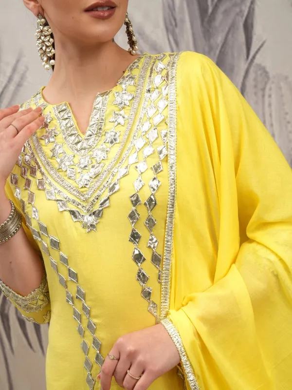 Vishudh Women Yellow Embroidered Kurta With Trouser And Dupatta