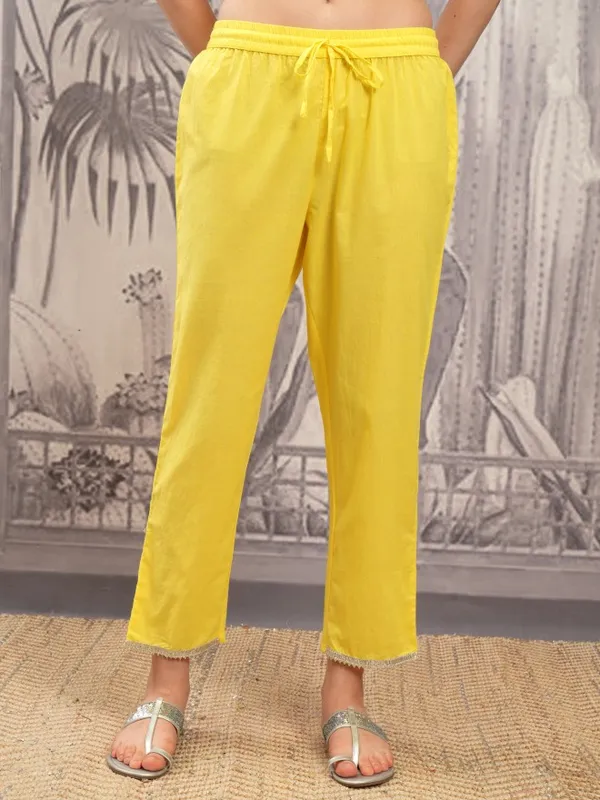 Vishudh Women Yellow Embroidered Kurta With Trouser And Dupatta