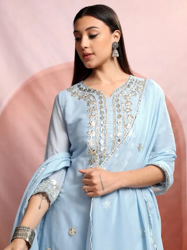 Vishudh Women Blue Embroidered Kurta With Sharara And Dupatta