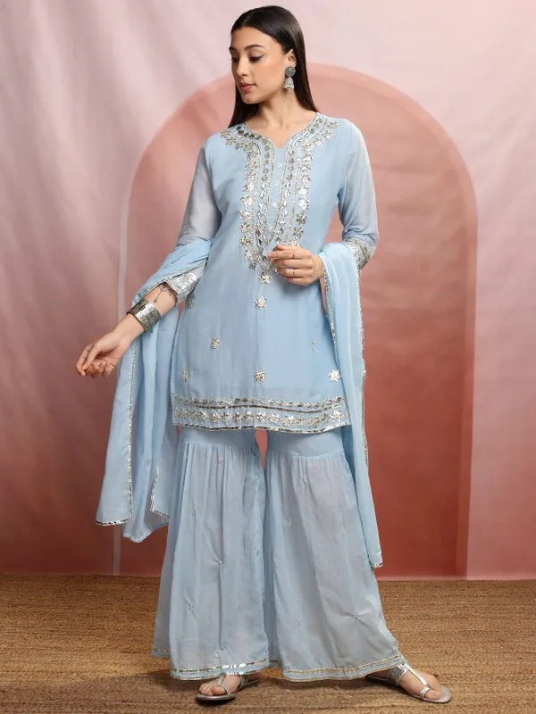 Vishudh Women Blue Embroidered Kurta With Sharara And Dupatta