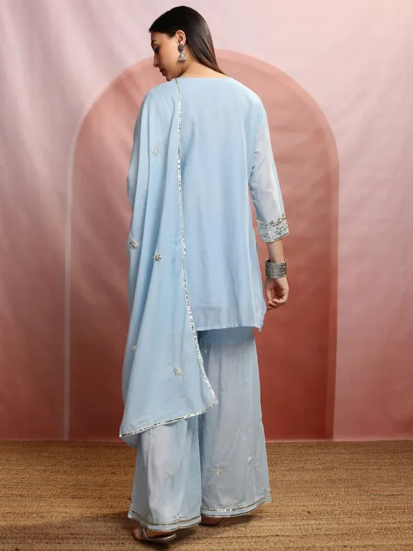 Vishudh Women Blue Embroidered Kurta With Sharara And Dupatta