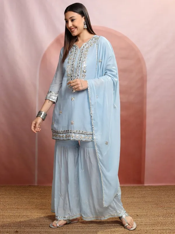 Vishudh Women Blue Embroidered Kurta With Sharara And Dupatta