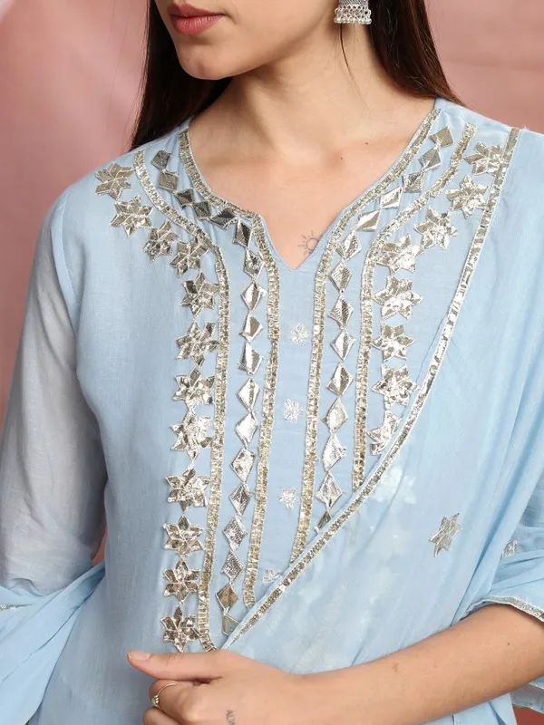 Vishudh Women Blue Embroidered Kurta With Sharara And Dupatta