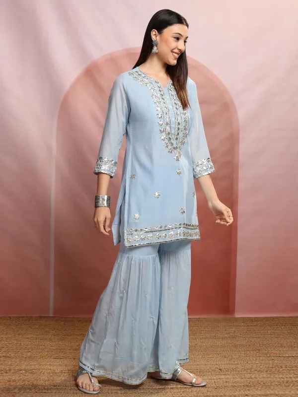 Vishudh Women Blue Embroidered Kurta With Sharara And Dupatta