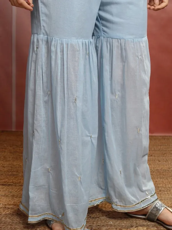 Vishudh Women Blue Embroidered Kurta With Sharara And Dupatta