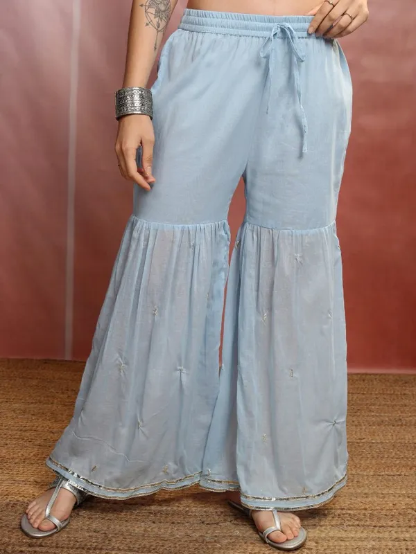 Vishudh Women Blue Embroidered Kurta With Sharara And Dupatta