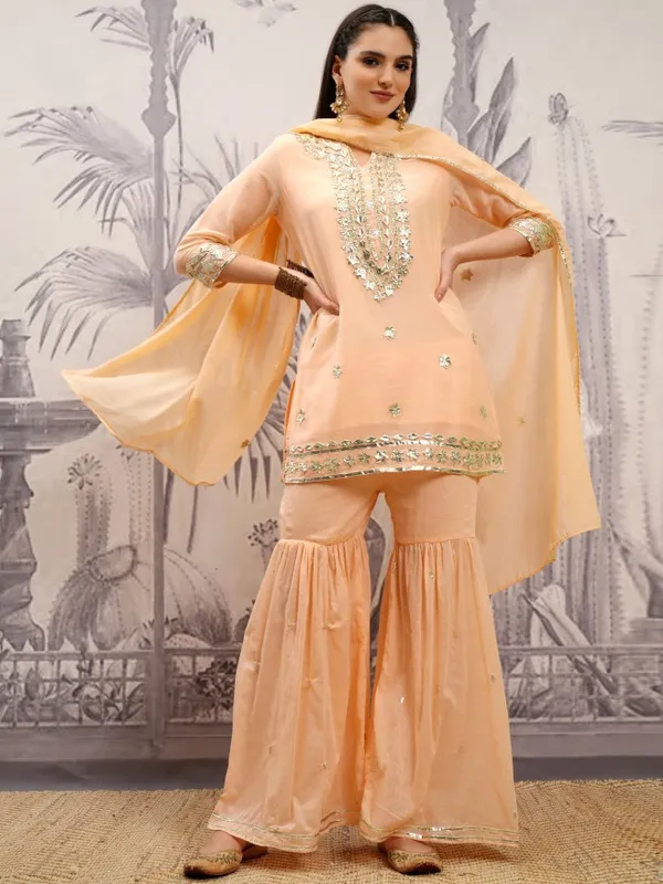 Vishudh Women Orange Embroidered Kurta With Sharara And Dupatta