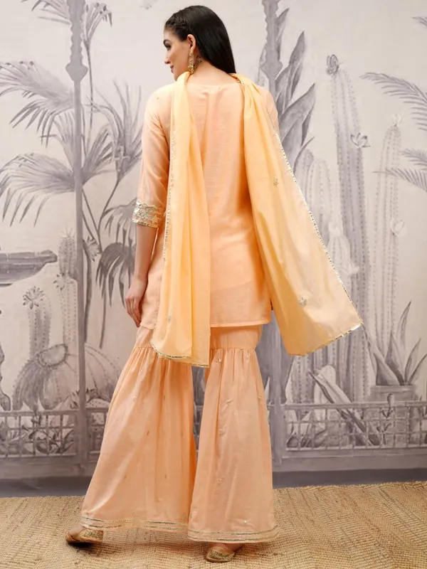 Vishudh Women Orange Embroidered Kurta With Sharara And Dupatta