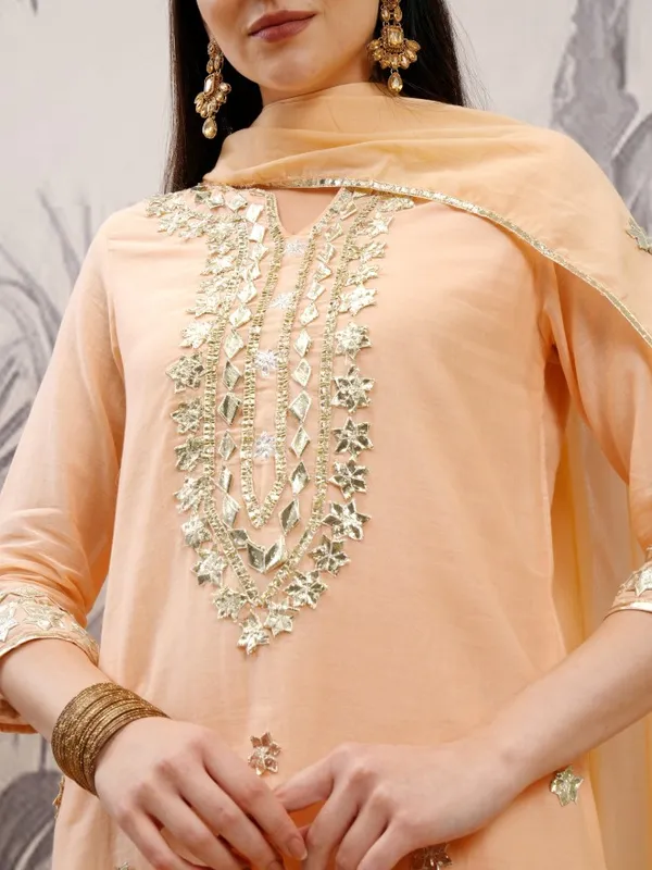 Vishudh Women Orange Embroidered Kurta With Sharara And Dupatta