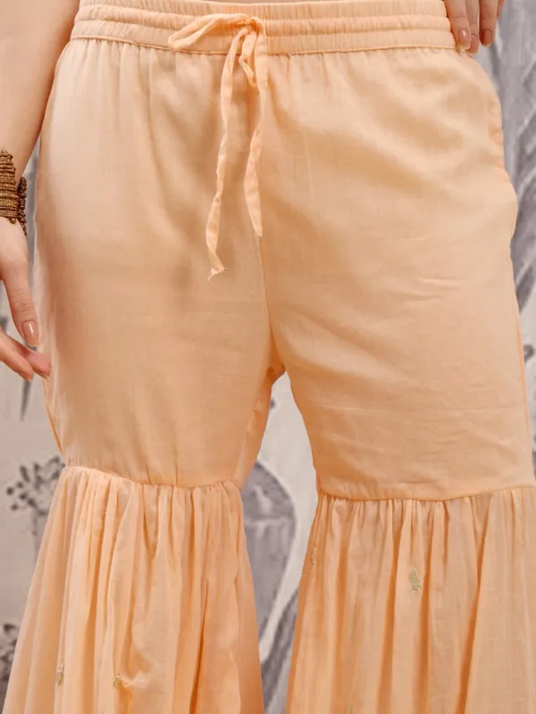 Vishudh Women Orange Embroidered Kurta With Sharara And Dupatta